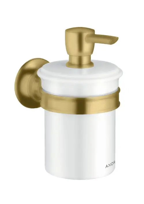 Wandmontierter Spender in Weiß und Gold von AXOR, ausgestattet mit einem Hebel zum Dosieren. Ideal für Lotionen oder Seifen.